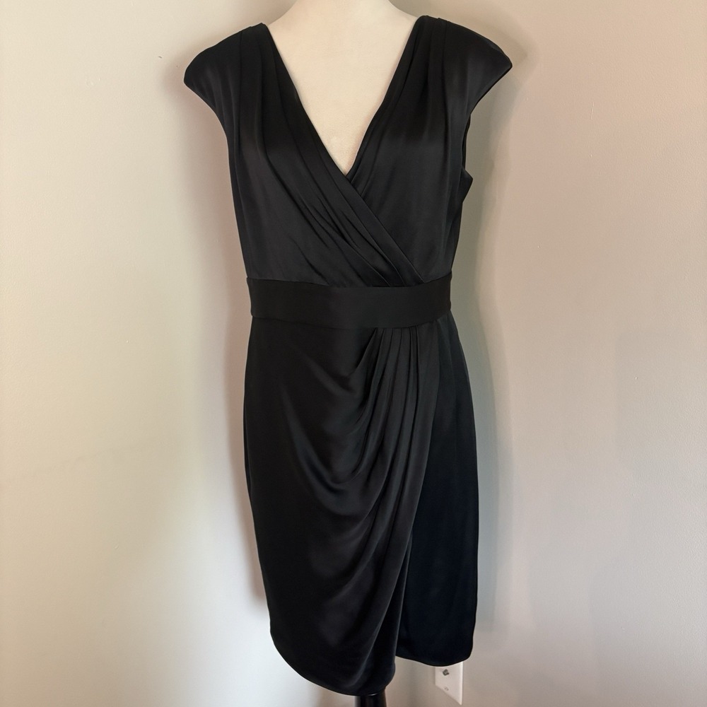 St. John Collection Black Satin Faux Wrap Dress Silk Lining Sleeveless Size 8